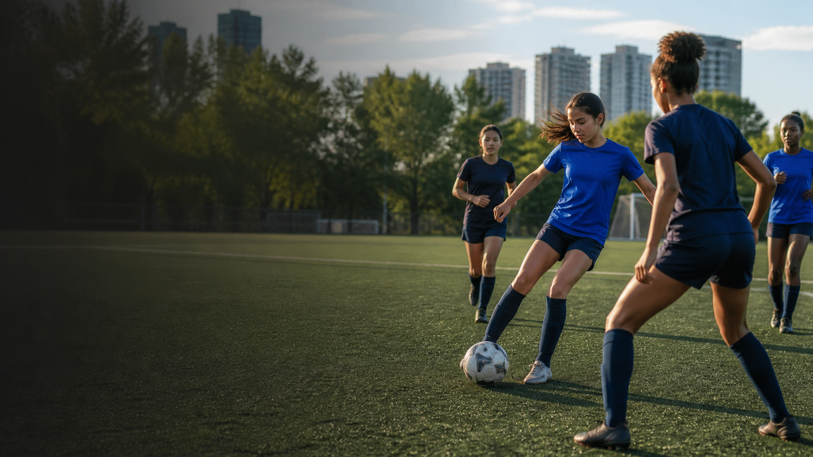 Teenage soccer players training together on a community field
